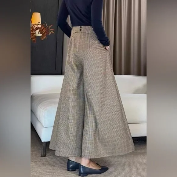 High Waist Plaid Wide Leg Pants Size M Brown Beige Vintage style